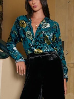 Johnny Was Cadeki Teal Floral Velvet sheer Blouse